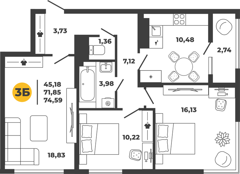 74,6 м², 3-комнатная квартира 7 468 440 ₽ - изображение 1