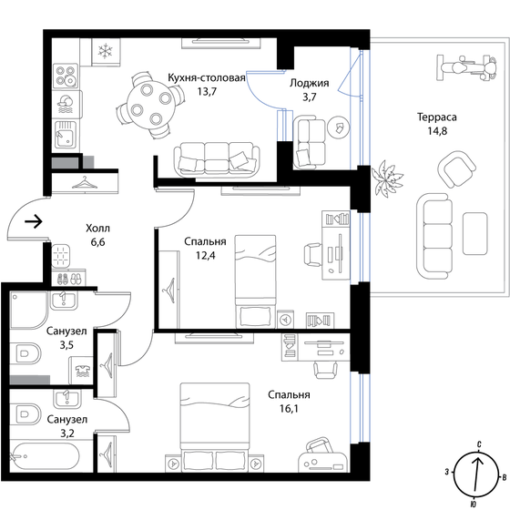 61,8 м², 2-комнатная квартира 10 351 500 ₽ - изображение 1