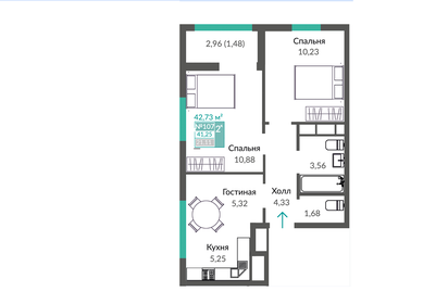 Квартира 42,7 м², 1-комнатная - изображение 1