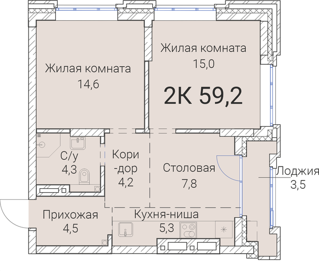 59,2 м², 2-комнатная квартира 11 385 000 ₽ - изображение 1