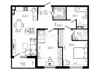 Квартира 88,7 м², 2-комнатная - изображение 1