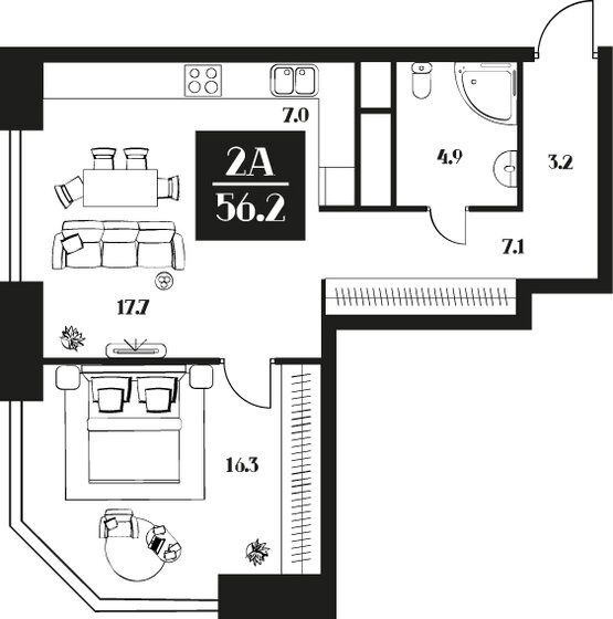 56,2 м², 2-комнатные апартаменты 28 100 000 ₽ - изображение 1