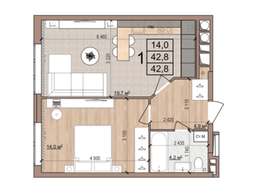 Квартира 42,8 м², 1-комнатная - изображение 1