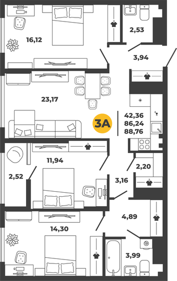 88,8 м², 3-комнатная квартира 9 187 500 ₽ - изображение 1