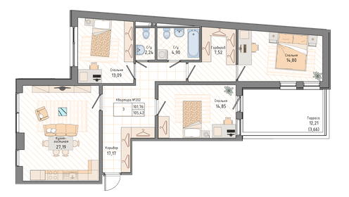 Квартира 105,4 м², 3-комнатная - изображение 1