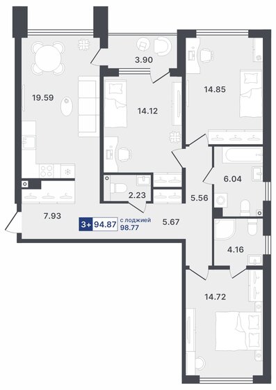 94,9 м², 3-комнатная квартира 11 980 000 ₽ - изображение 1