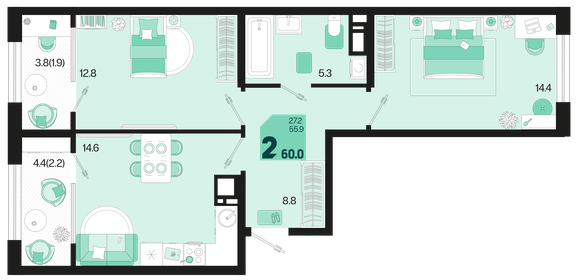 Квартира 60 м², 2-комнатная - изображение 1