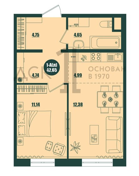 42,7 м², 1-комнатная квартира 6 050 000 ₽ - изображение 1