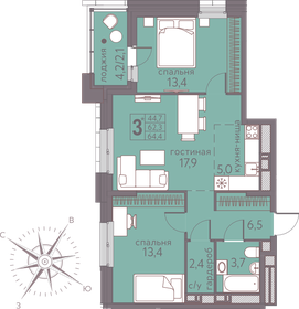 Квартира 64,4 м², 3-комнатная - изображение 1