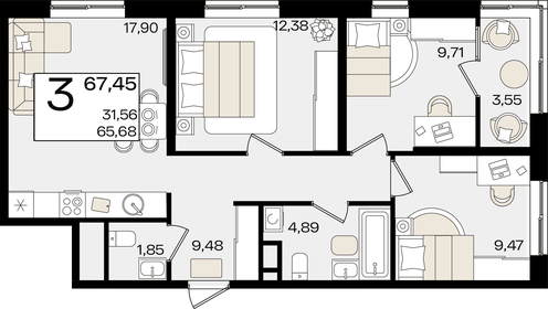 70 м², 3-комнатная квартира 21 000 000 ₽ - изображение 62