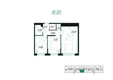 Квартира 61,2 м², 2-комнатная - изображение 1