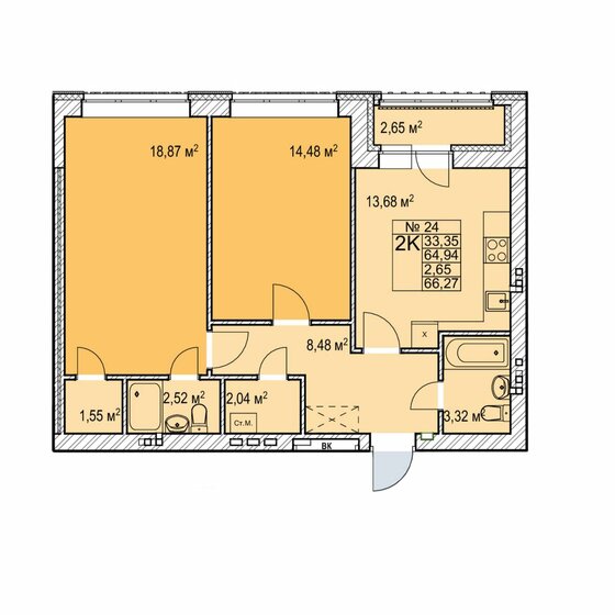 66,3 м², 2-комнатная квартира 10 880 000 ₽ - изображение 1