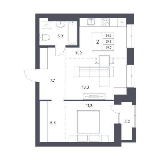 55,8 м², 2-комнатная квартира 8 250 000 ₽ - изображение 1