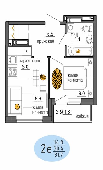 31,7 м², 2-комнатная квартира 4 348 352 ₽ - изображение 1