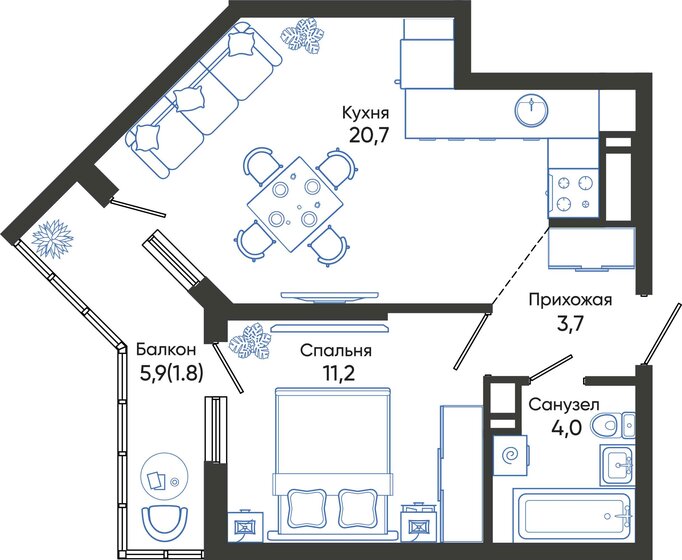 41,4 м², 1-комнатная квартира 7 607 250 ₽ - изображение 1
