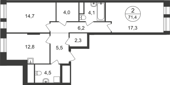 Квартира 71,4 м², 2-комнатная - изображение 1