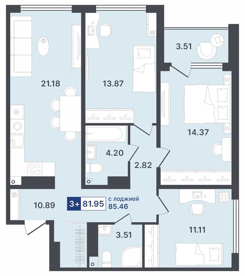 82 м², 3-комнатная квартира 9 930 000 ₽ - изображение 1