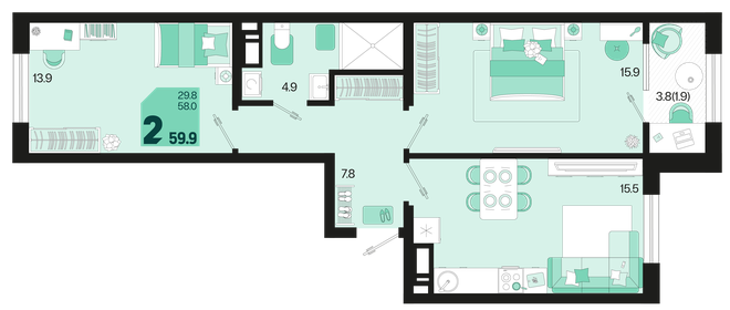 60,3 м², 2-комнатная квартира 8 200 800 ₽ - изображение 13