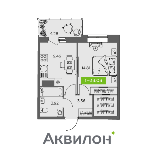 33 м², 1-комнатная квартира 3 699 265 ₽ - изображение 1