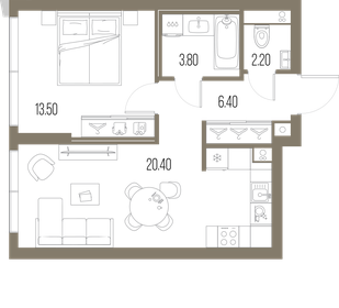 Квартира 46,3 м², 1-комнатная - изображение 1