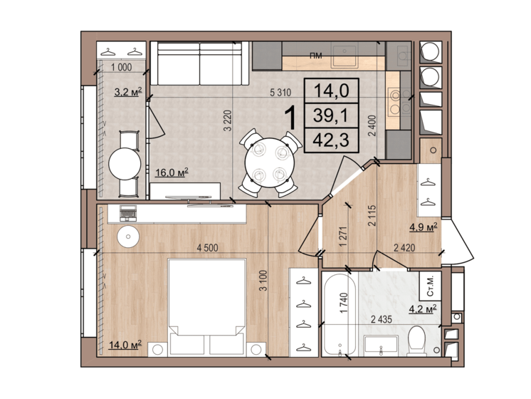 42,3 м², 1-комнатная квартира 3 988 600 ₽ - изображение 17