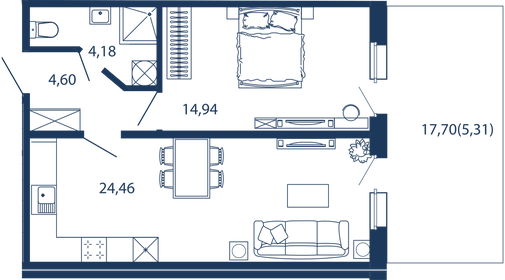 Квартира 53,5 м², 1-комнатные - изображение 1