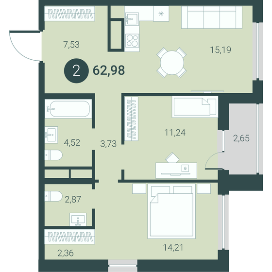 63 м², 2-комнатная квартира 10 150 000 ₽ - изображение 1