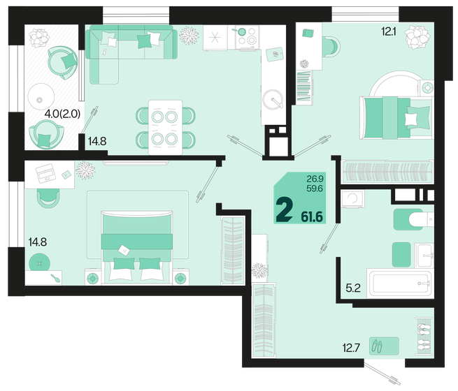 61,6 м², 2-комнатная квартира 8 562 400 ₽ - изображение 1