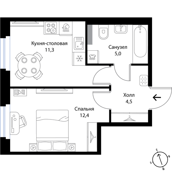 33,2 м², 1-комнатная квартира 5 876 400 ₽ - изображение 1