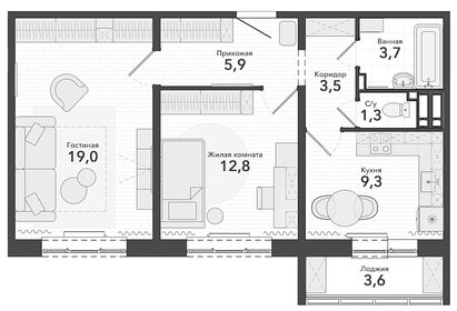 Квартира 59 м², 2-комнатная - изображение 1