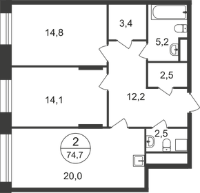 Квартира 74,7 м², 2-комнатная - изображение 1