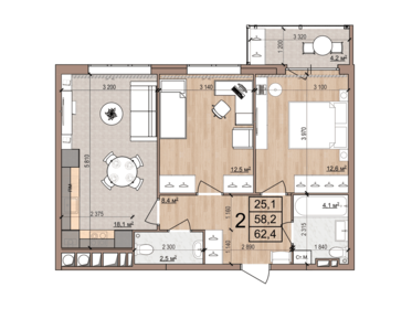 Квартира 62,4 м², 2-комнатная - изображение 1