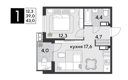 Квартира 43 м², 1-комнатная - изображение 2