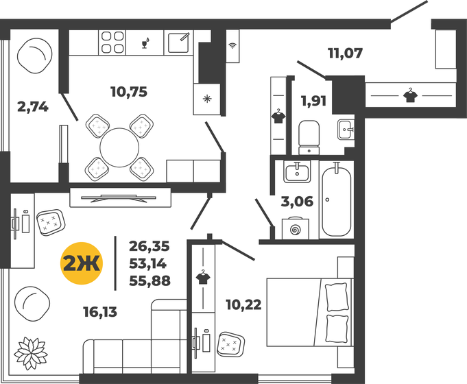 55,9 м², 2-комнатная квартира 5 396 490 ₽ - изображение 1