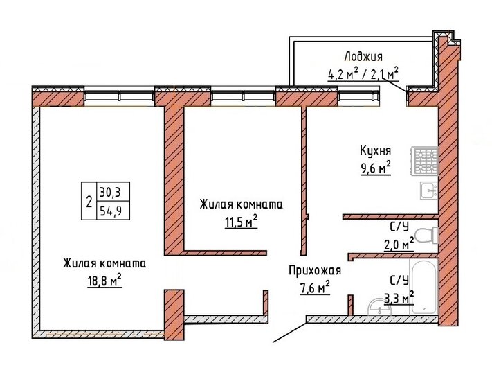 54,9 м², 2-комнатная квартира 4 666 500 ₽ - изображение 1