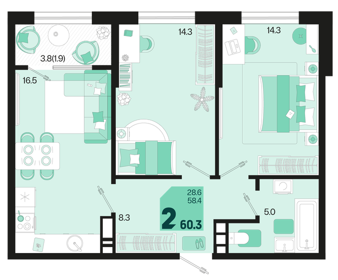 60,3 м², 2-комнатная квартира 8 200 800 ₽ - изображение 1