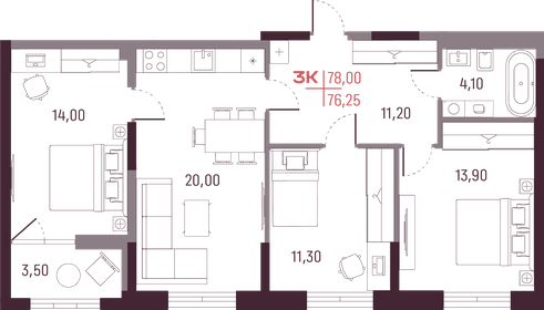 Квартира 76,3 м², 3-комнатная - изображение 1