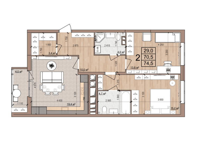 74,5 м², 2-комнатная квартира 6 887 500 ₽ - изображение 12