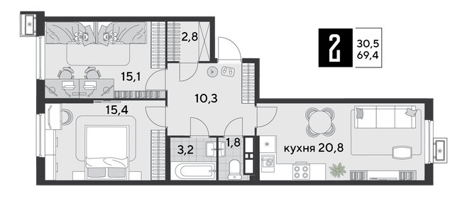 69,2 м², 2-комнатная квартира 11 791 679 ₽ - изображение 16