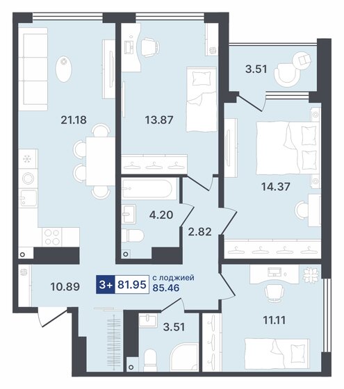 82 м², 3-комнатная квартира 9 930 000 ₽ - изображение 1