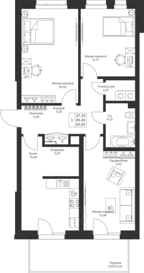 90,5 м², 3-комнатная квартира 14 751 500 ₽ - изображение 56