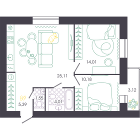 Квартира 63,9 м², 2-комнатная - изображение 1