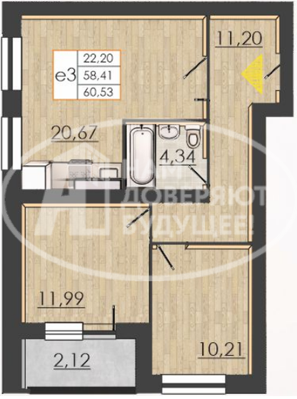 60,5 м², 3-комнатная квартира 7 290 000 ₽ - изображение 1