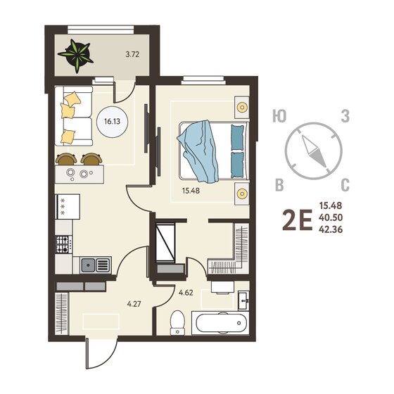 42,4 м², 1-комнатная квартира 4 659 600 ₽ - изображение 51