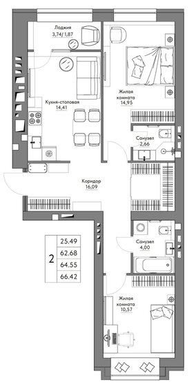 66,4 м², 2-комнатная квартира 7 267 820 ₽ - изображение 1