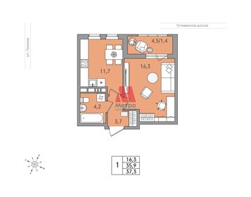 Квартира 37,3 м², 1-комнатная - изображение 1