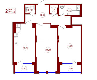 Квартира 72,5 м², 2-комнатная - изображение 1