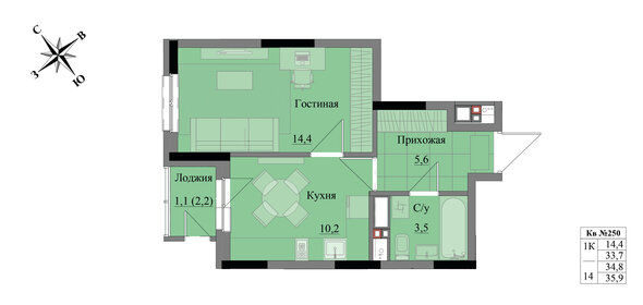Квартира 34,8 м², 1-комнатная - изображение 1