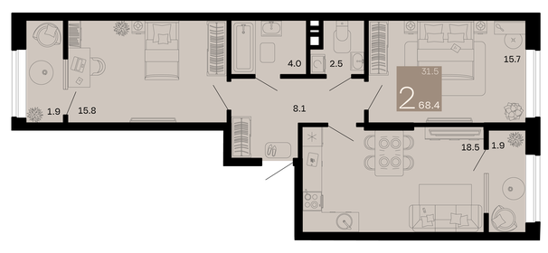Квартира 68,4 м², 2-комнатная - изображение 1