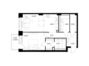 Квартира 61,2 м², 1-комнатная - изображение 1